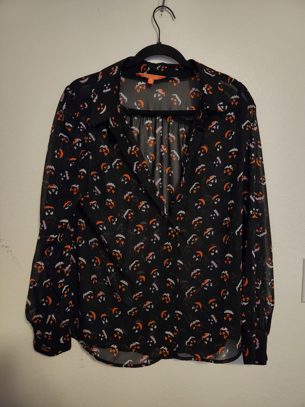 Modcloth Black Sheer Button-Down Blouse with Pumkin Print